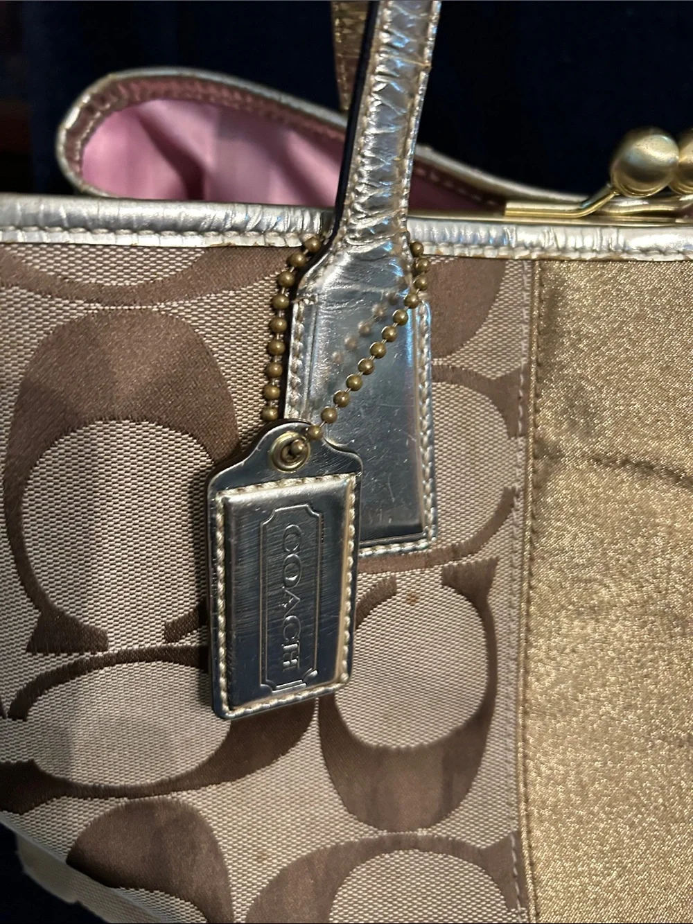 Coach Signature Monogram Canvas Tote w Gold Metallic Trim, Leather Straps